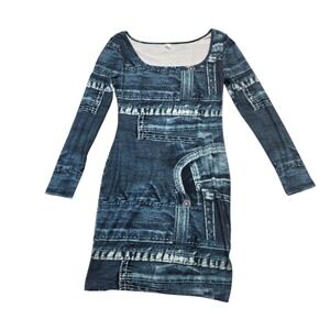 Denim Print Bodycon Dress Women's Medium Long Sleeve Novelty